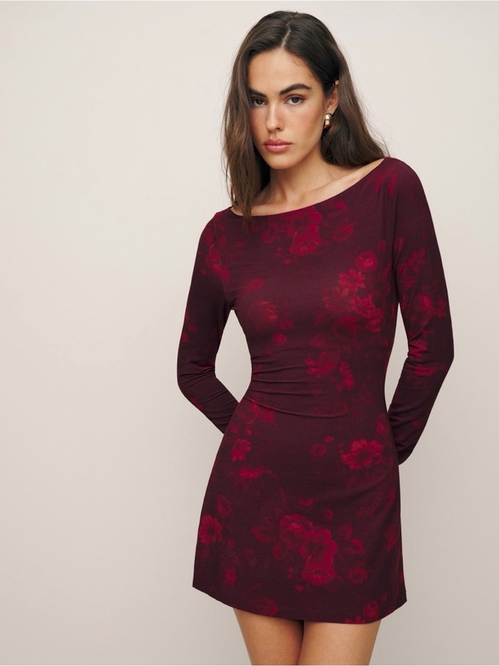 Reformation Burgundy Mini Dress with Red Floral Print